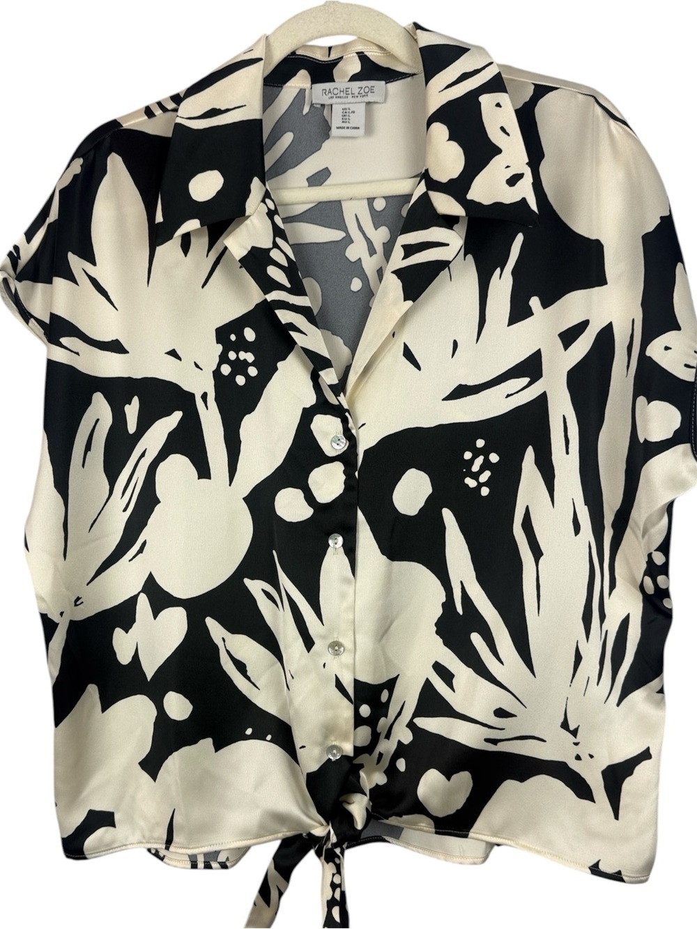 Rachel Zoe Floral Tropical Short Sleeve Front Tie Button Down Top Blouse - L
